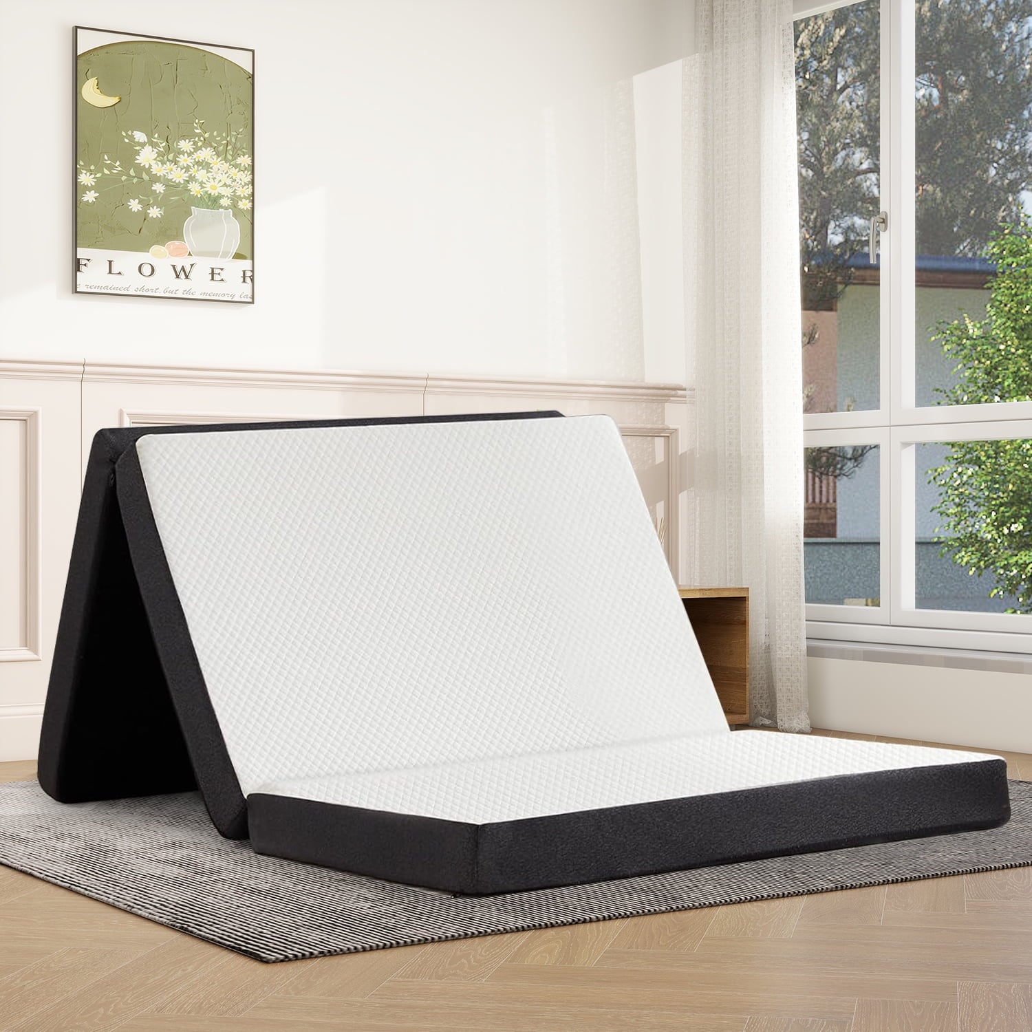 4 inch Foldable Memory Foam Mattress Single Size, CertiPUR-US Certified - Tri-Fold Design with Removable Cover