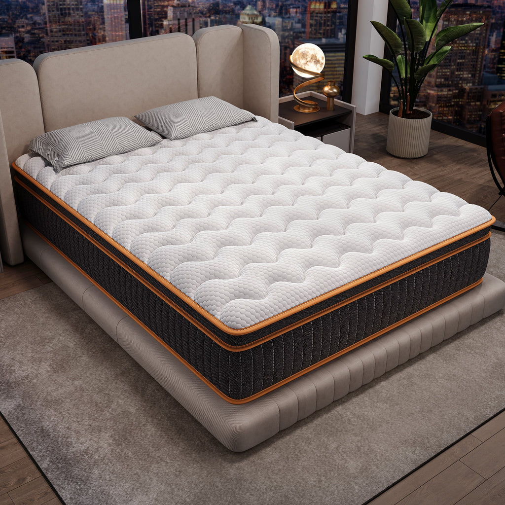 12 inch  Queen mattress, breathable fabric spine protection, independent pocket springs, motion isolation, temperature-sensitive memory foam, suitable for bedrooms and apartments.