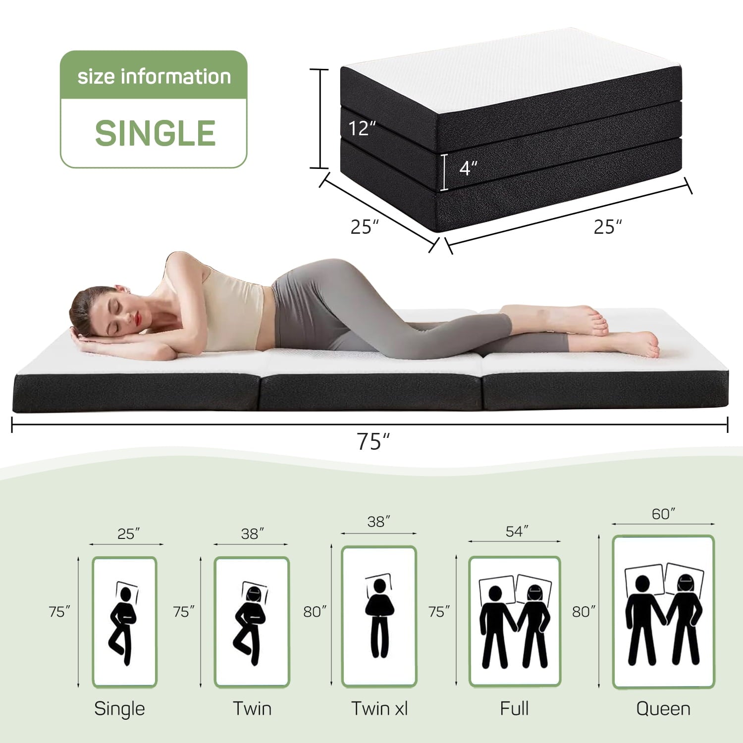 4 inch Foldable Memory Foam Mattress Single Size, CertiPUR-US Certified - Tri-Fold Design with Removable Cover